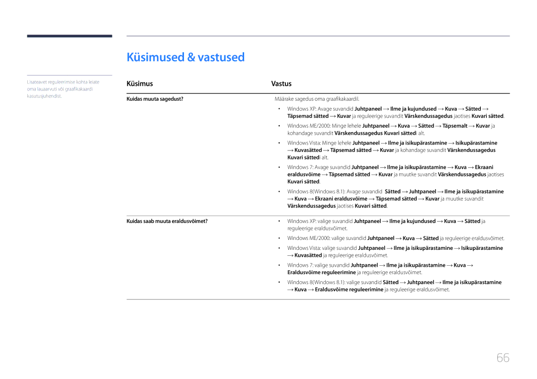 Samsung LS24E510CS/EN manual Küsimused & vastused, Kuva Sätted Täpsemalt Kuvar ja, Reguleerige eraldusvõimet 