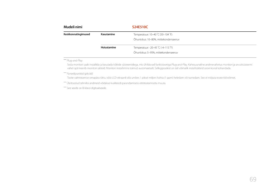 Samsung LS24E510CS/EN manual Keskkonnatingimused Kasutamine, Hoiustamine 