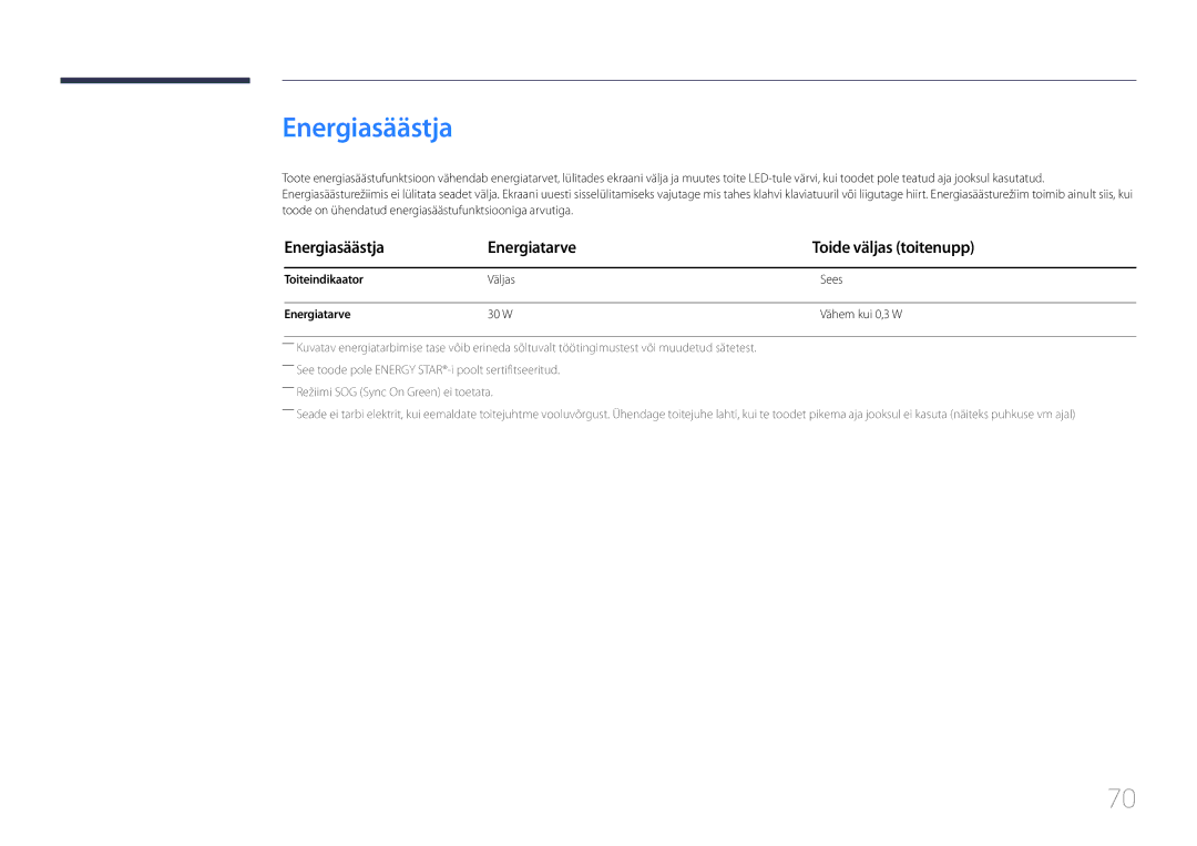 Samsung LS24E510CS/EN manual Energiasäästja, Toiteindikaator, Väljas Sees, Energiatarve, 30 W Vähem kui 0,3 W 
