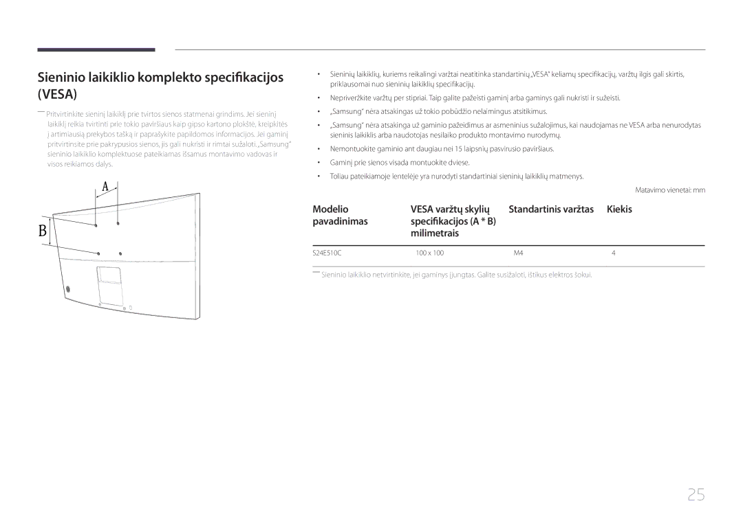 Samsung LS24E510CS/EN manual Sieninio laikiklio komplekto specifikacijos Vesa, Modelio Vesa varžtų skylių, Pavadinimas 