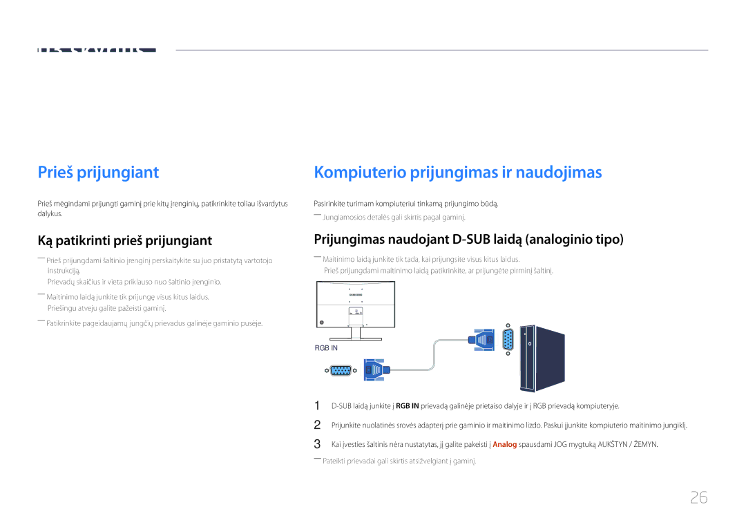 Samsung LS24E510CS/EN Šaltinio įrenginio prijungimas ir naudojimas, Prieš prijungiant, Ką patikrinti prieš prijungiant 