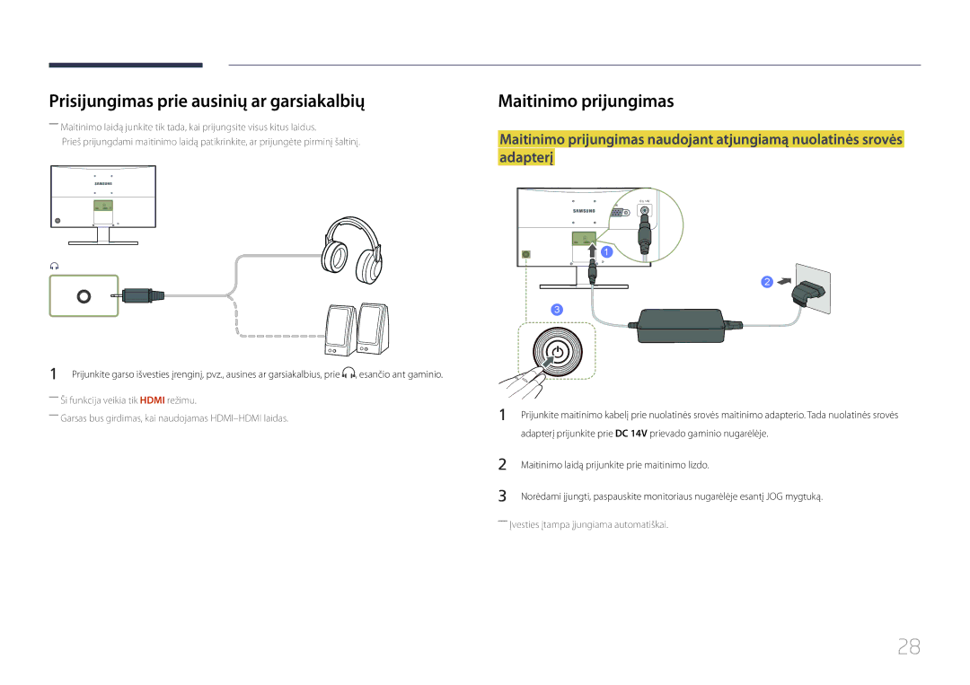 Samsung LS24E510CS/EN manual Prisijungimas prie ausinių ar garsiakalbių, Maitinimo prijungimas 