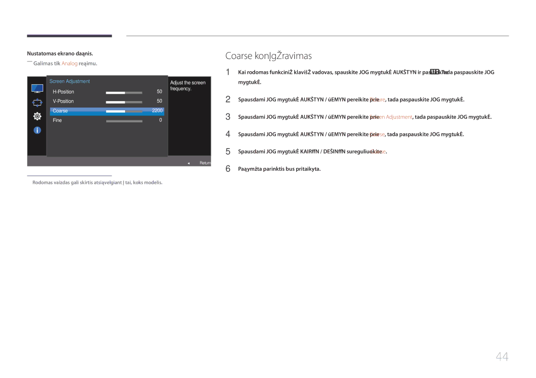 Samsung LS24E510CS/EN manual Coarse konfigūravimas, Adjust the screen, Position Frequency Coarse 2200 Fine 
