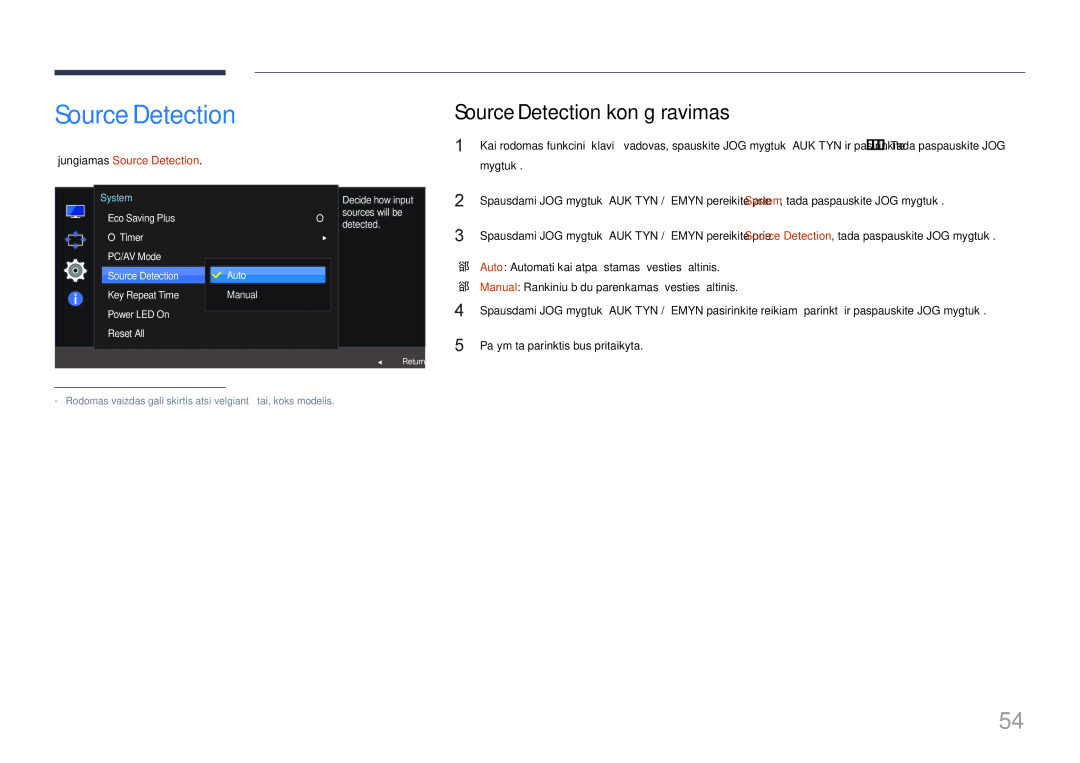 Samsung LS24E510CS/EN manual Source Detection konfigūravimas, Auto Automatiškai atpažįstamas įvesties šaltinis 