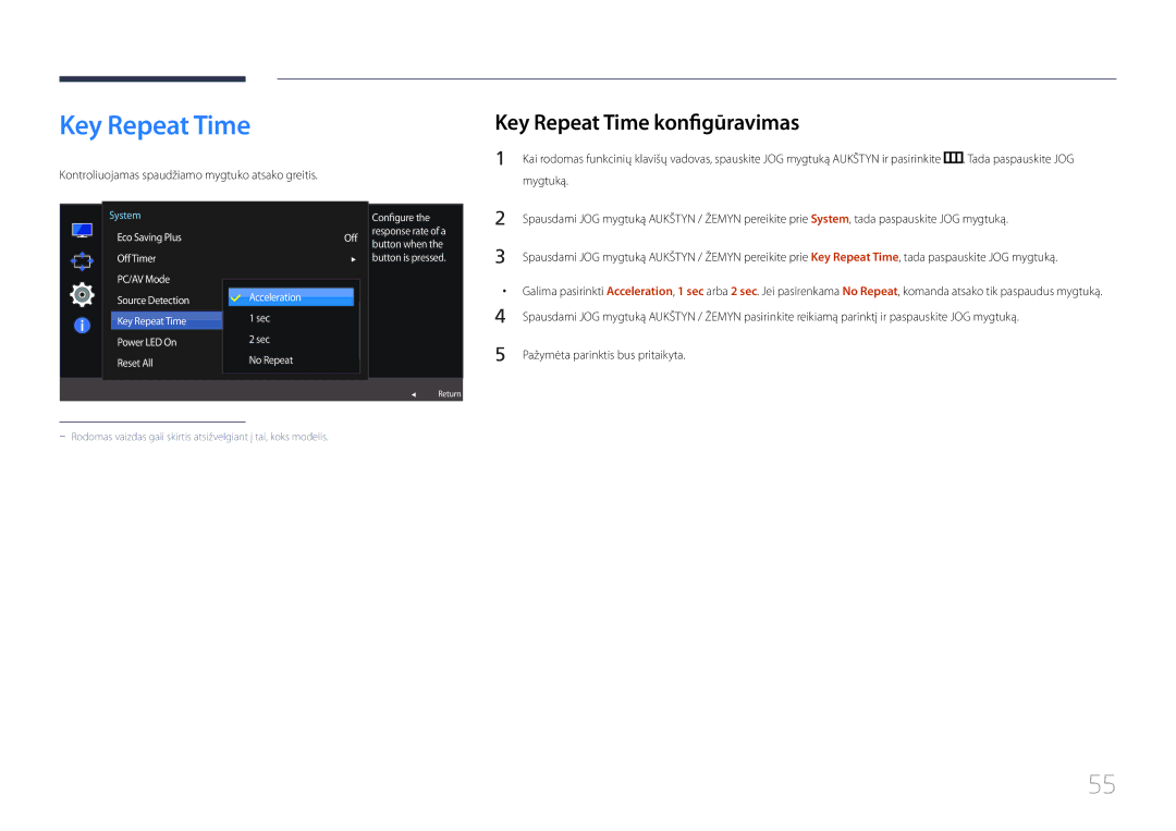 Samsung LS24E510CS/EN manual Key Repeat Time konfigūravimas, Kontroliuojamas spaudžiamo mygtuko atsako greitis 