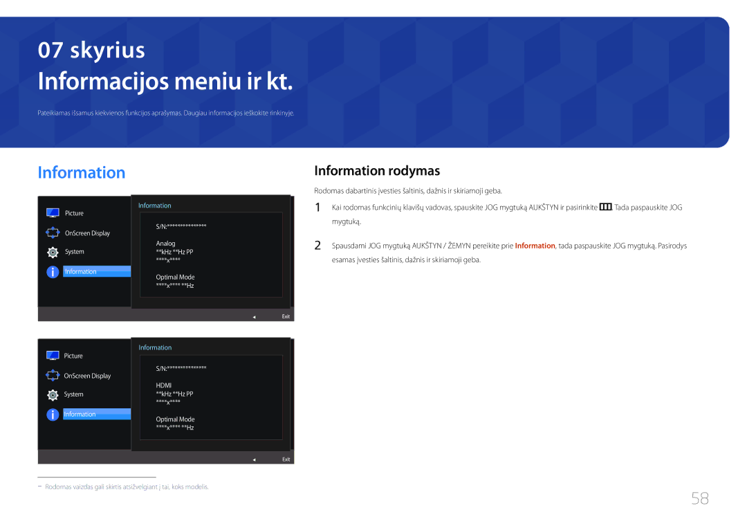 Samsung LS24E510CS/EN Informacijos meniu ir kt, Information rodymas, Esamas įvesties šaltinis, dažnis ir skiriamoji geba 