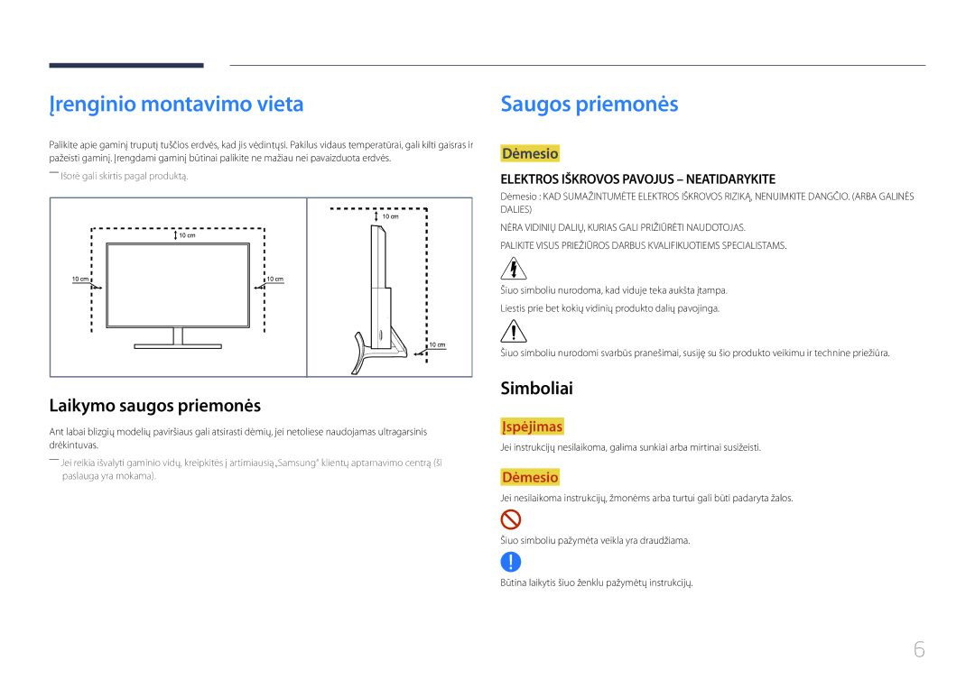 Samsung LS24E510CS/EN manual Įrenginio montavimo vieta, Saugos priemonės, Laikymo saugos priemonės, Simboliai 