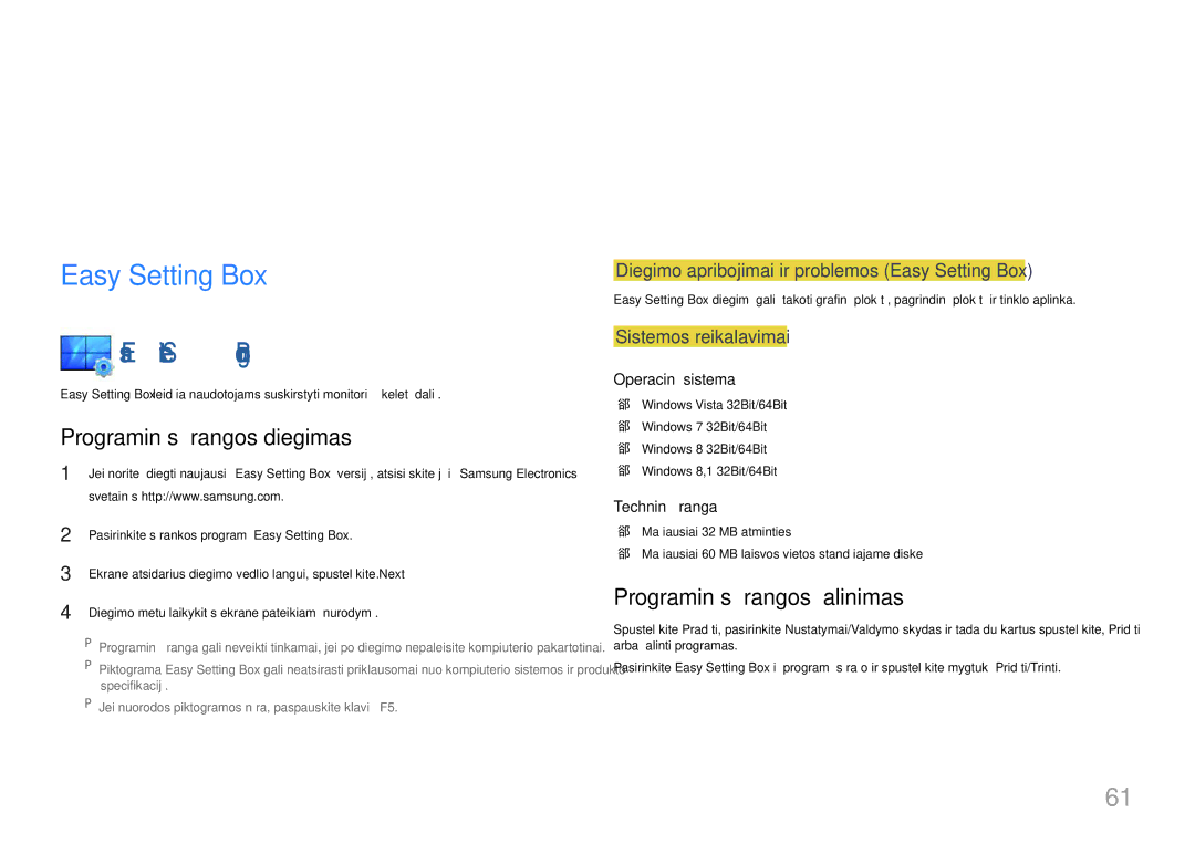 Samsung LS24E510CS/EN manual Programinės įrangos diegimas, Easy Setting Box, Programinės įrangos šalinimas 