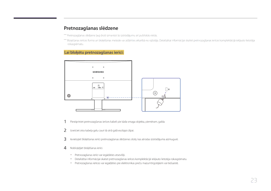 Samsung LS24E510CS/EN manual Pretnozagšanas slēdzene, Lai bloķētu pretnozagšanas ierīci 