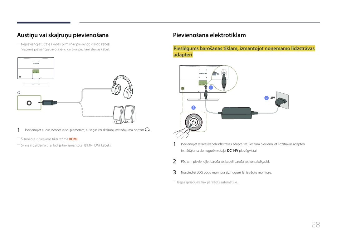 Samsung LS24E510CS/EN manual Austiņu vai skaļruņu pievienošana, Pievienošana elektrotīklam 