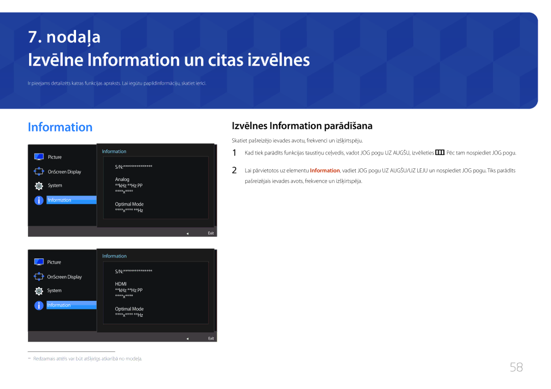 Samsung LS24E510CS/EN manual Izvēlne Information un citas izvēlnes, Izvēlnes Information parādīšana 