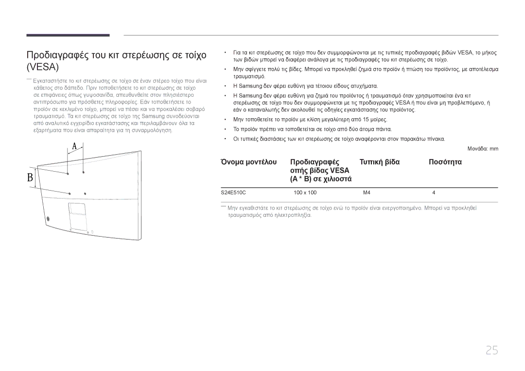 Samsung LS24E510CS/EN manual Προδιαγραφές του κιτ στερέωσης σε τοίχο Vesa 