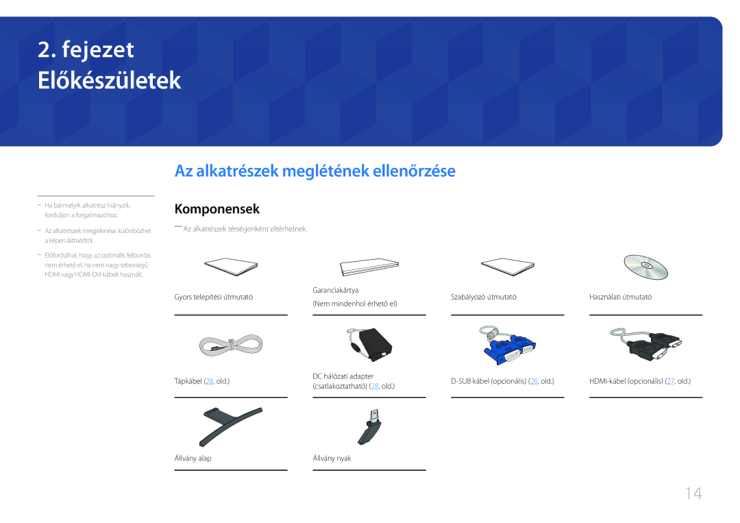 Samsung LS24E510CS/EN manual Előkészületek, Az alkatrészek meglétének ellenőrzése, Komponensek 