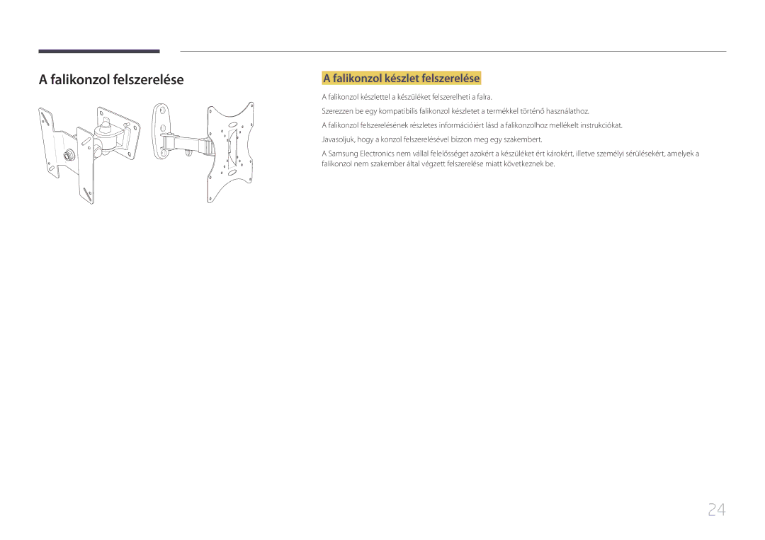 Samsung LS24E510CS/EN manual Falikonzol felszerelése, Falikonzol készlet felszerelése 