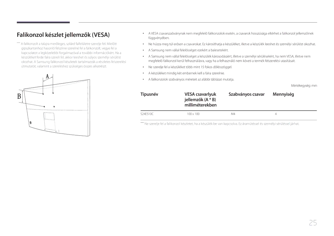 Samsung LS24E510CS/EN manual Falikonzol készlet jellemzők Vesa, Típusnév Vesa csavarlyuk, Jellemzők a * B Milliméterekben 