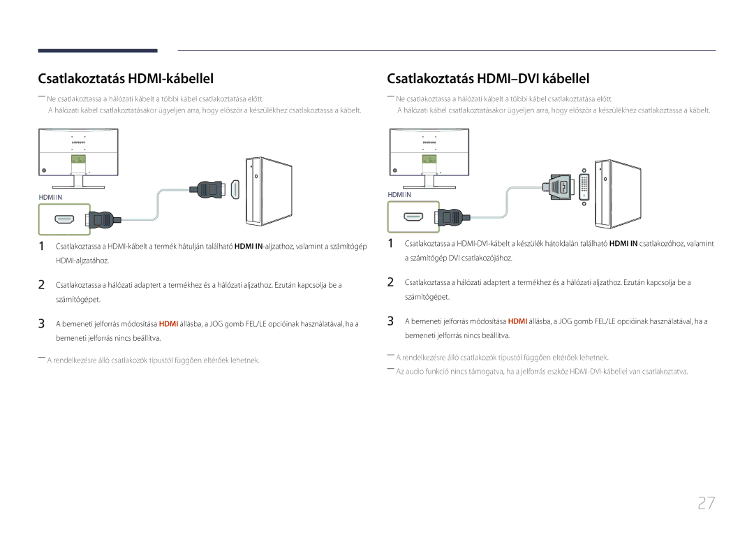 Samsung LS24E510CS/EN manual Csatlakoztatás HDMI-kábellel, Csatlakoztatás HDMI-DVI kábellel 