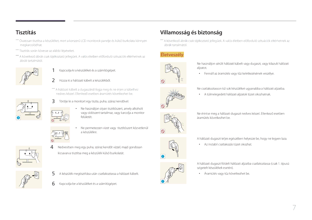 Samsung LS24E510CS/EN manual Tisztítás, Villamosság és biztonság 