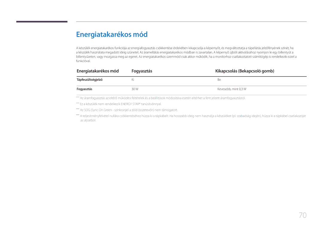 Samsung LS24E510CS/EN manual Energiatakarékos mód Fogyasztás Kikapcsolás Bekapcsoló gomb, Tápfeszültségjelző Fogyasztás 