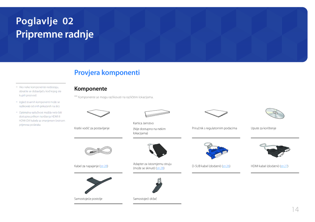 Samsung LS24E510CS/EN manual Pripremne radnje, Provjera komponenti, Komponente, Upute za korištenje 