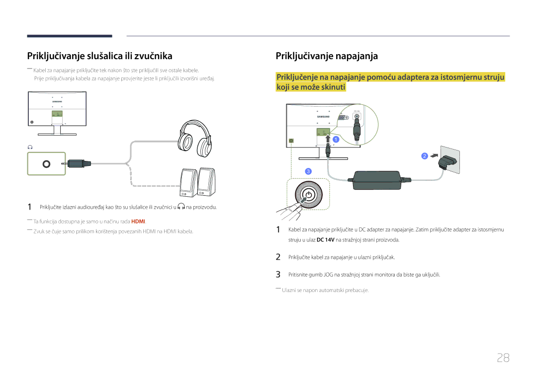 Samsung LS24E510CS/EN manual Priključivanje slušalica ili zvučnika, Priključivanje napajanja 