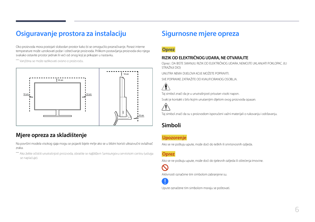 Samsung LS24E510CS/EN manual Osiguravanje prostora za instalaciju, Mjere opreza za skladištenje, Simboli 