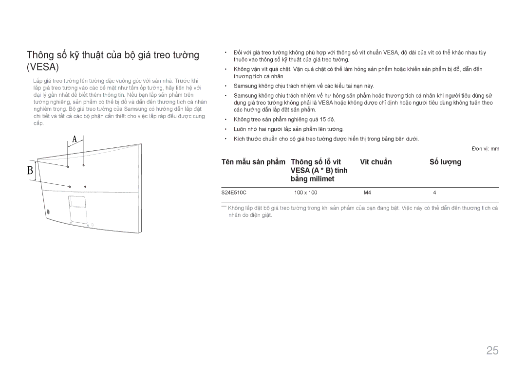 Samsung LS24E510CS/XV manual Thông số kỹ thuật của bộ giá treo tường Vesa 