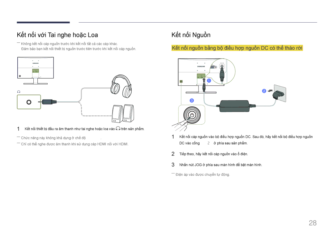 Samsung LS24E510CS/XV manual Kế́t nố́i với Tai nghe hoặ̣c Loa, Kế́t nố́i Nguồn, DC và̀o cổng DC 14V ở̉ phí́a sau sả̉n phẩ̉m 