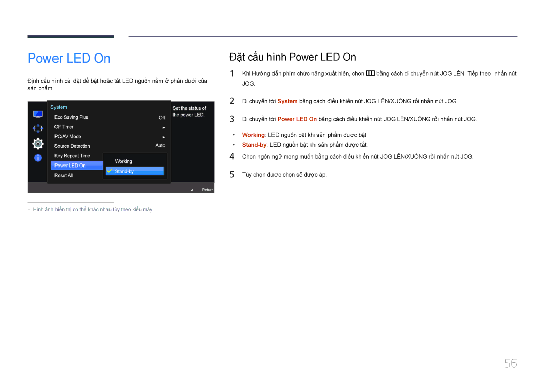 Samsung LS24E510CS/XV manual Đặ̣t cấ́u hì̀nh Power LED On, Working LED nguôn bật khi sản phẩm được bật 