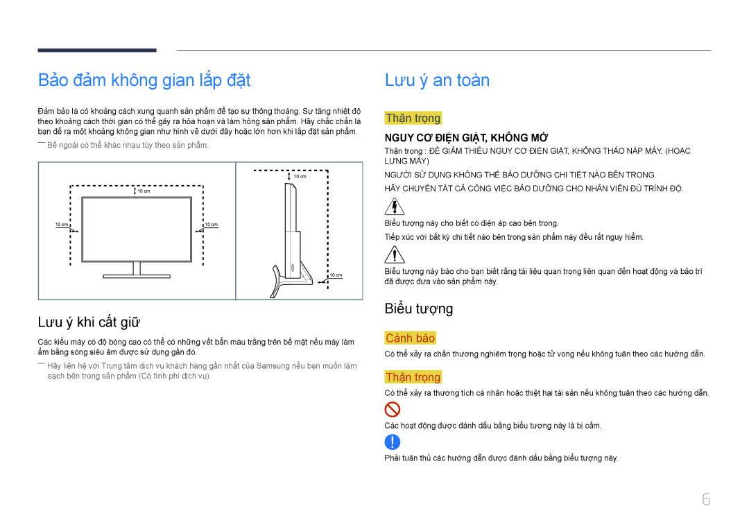 Samsung LS24E510CS/XV manual Bả̉o đả̉m không gian lắ́p đặ̣t, Lưu ý an toàn, Lưu ý khi cất giữ, Biểu tượng 