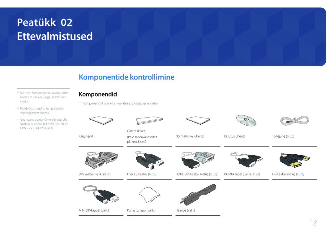 Samsung LS24E65KCS/EN, LS27E65KCS/EN, LS24E65UPL/EN, LS22E65UDS/EN Ettevalmistused, Komponentide kontrollimine, Komponendid 