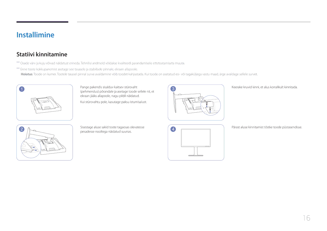 Samsung LS24E65KCS/EN, LS27E65KCS/EN manual Installimine, Statiivi kinnitamine, Pange pakendis sisalduv kaitsev stürovaht 