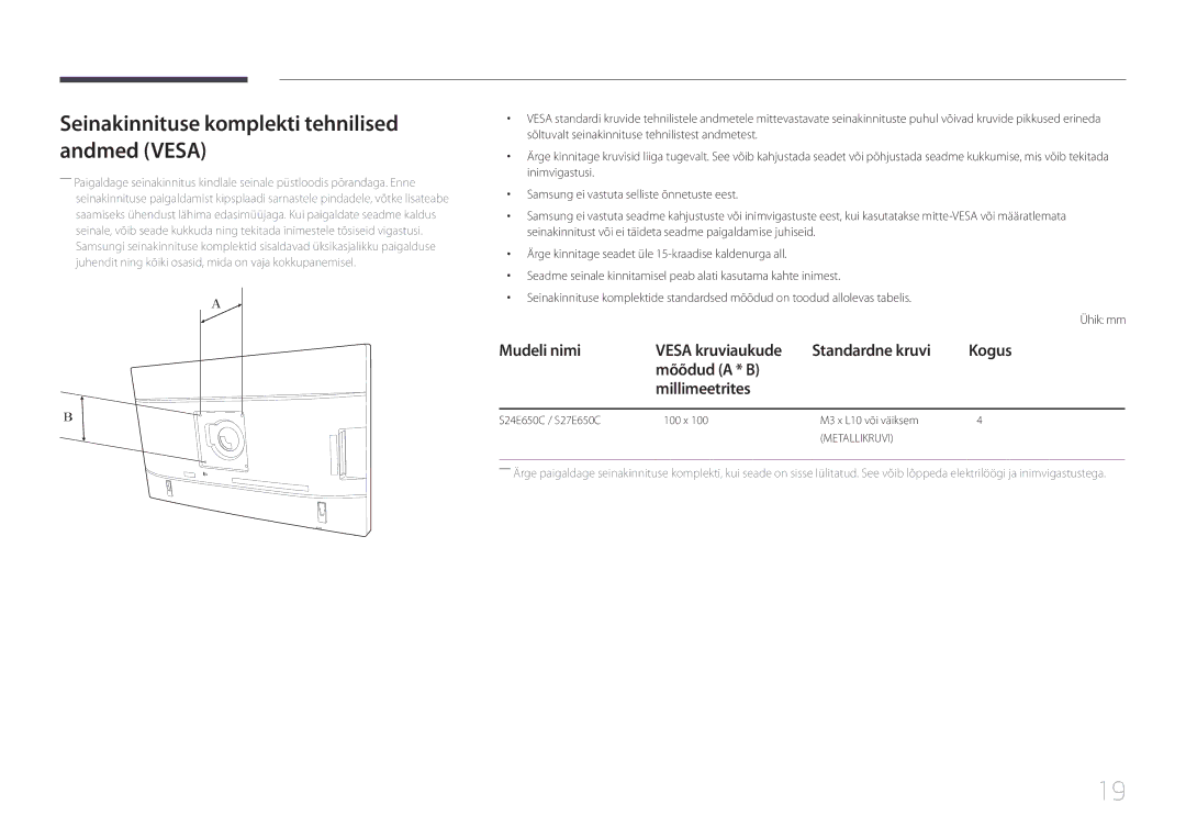 Samsung LS22E65UDS/EN, LS24E65KCS/EN, LS27E65KCS/EN manual Seinakinnituse komplekti tehnilised andmed Vesa, Metallikruvi 