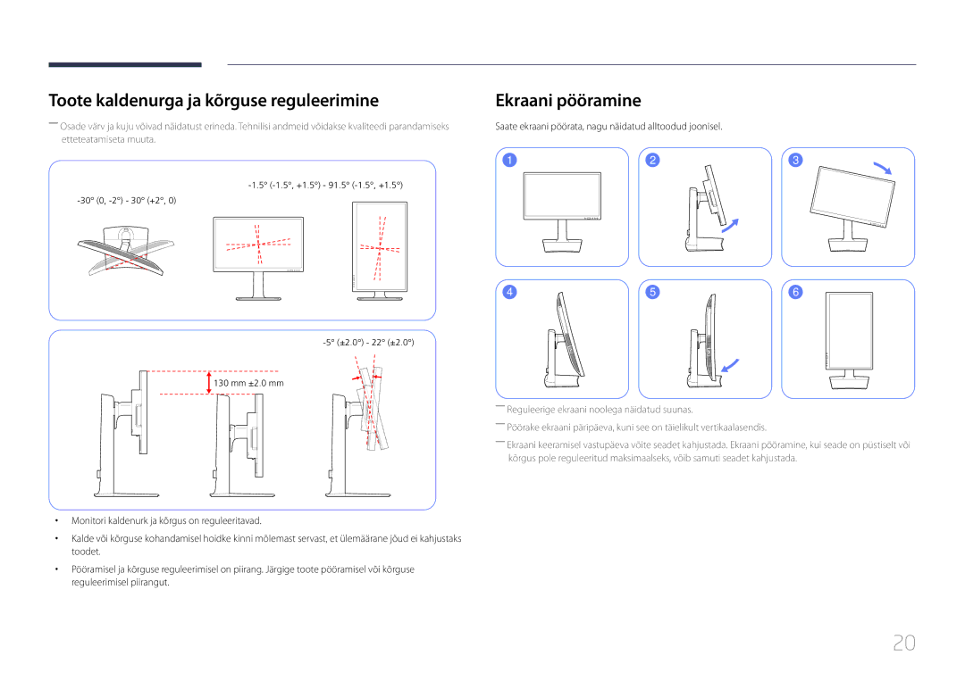 Samsung LS24E65KCS/EN, LS27E65KCS/EN, LS24E65UPL/EN manual Toote kaldenurga ja kõrguse reguleerimine, Ekraani pööramine 