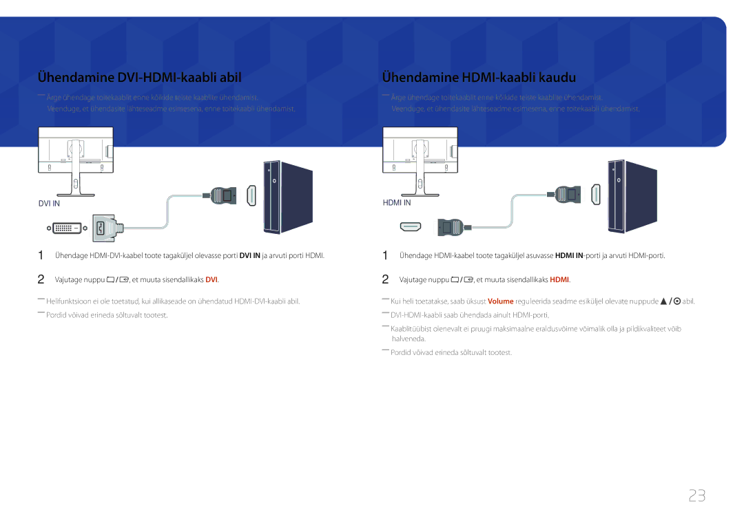 Samsung LS22E65UDS/EN, LS24E65KCS/EN, LS27E65KCS/EN manual Ühendamine DVI-HDMI-kaabli abil, Ühendamine HDMI-kaabli kaudu 