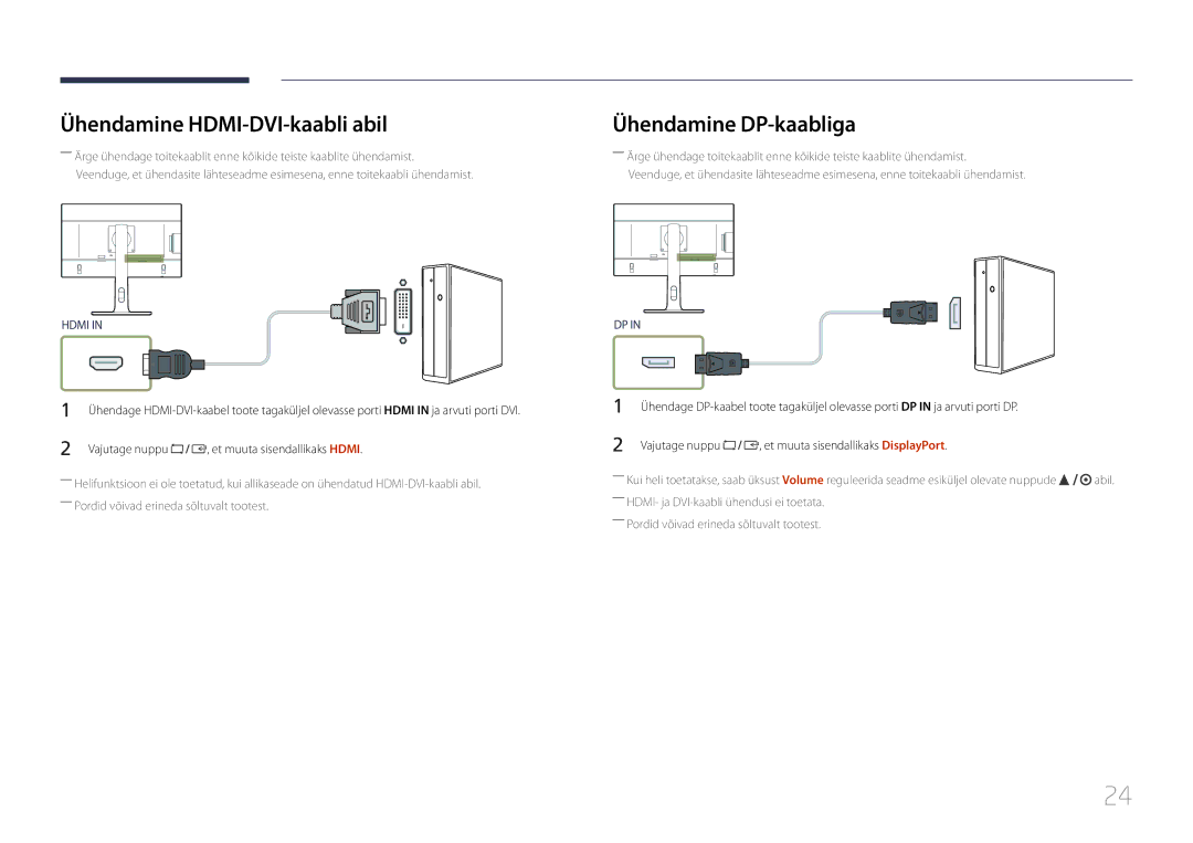 Samsung LS24E65KCS/EN, LS27E65KCS/EN, LS24E65UPL/EN, LS22E65UDS/EN Ühendamine HDMI-DVI-kaabli abil, Ühendamine DP-kaabliga 