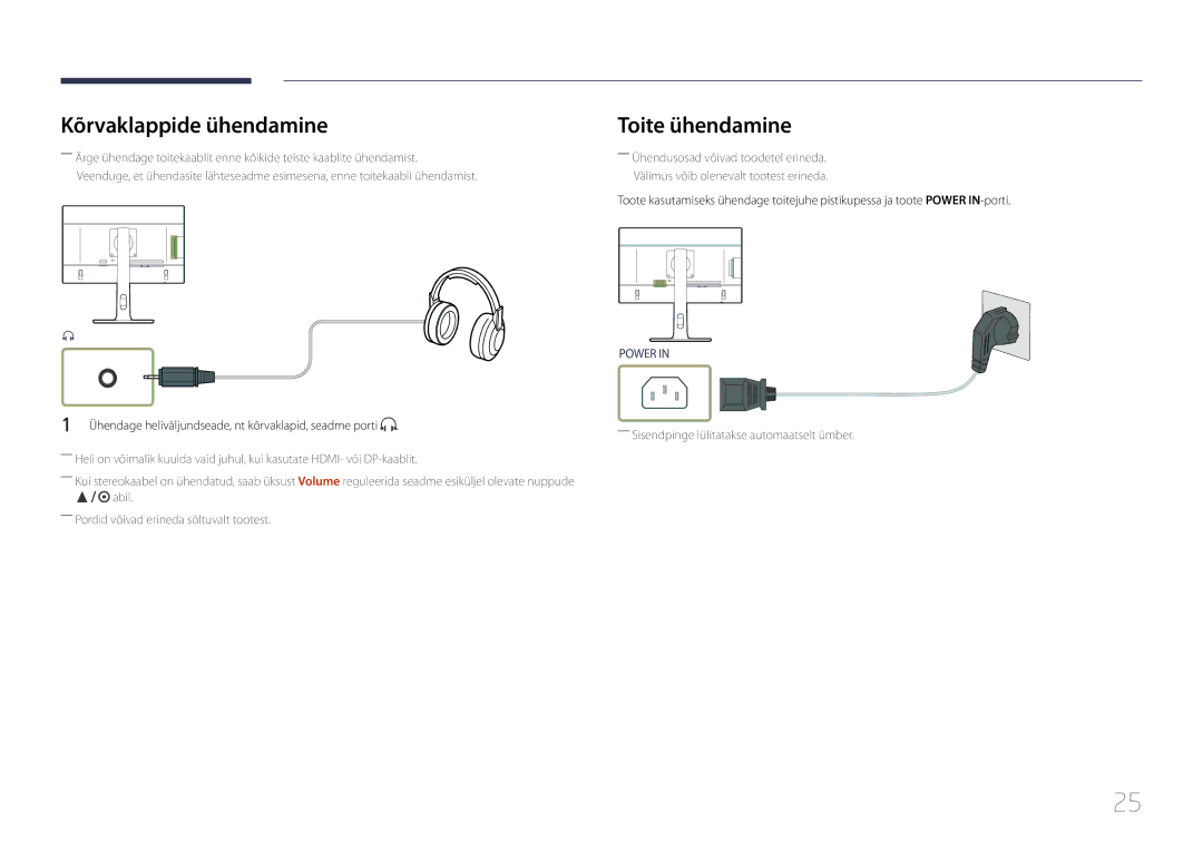 Samsung LS27E65KCS/EN Kõrvaklappide ühendamine, Toite ühendamine, Ühendage heliväljundseade, nt kõrvaklapid, seadme porti 