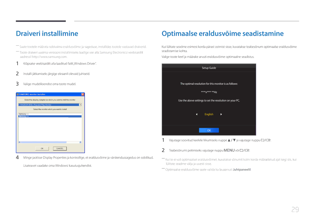 Samsung LS27E65KCS/EN Draiveri installimine, Optimaalse eraldusvõime seadistamine, Valige mudeliloendist oma toote mudel 