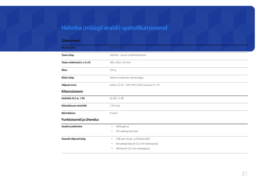 Samsung LS22E65UDS/EN, LS24E65KCS/EN, LS27E65KCS/EN, LS24E65UPL/EN manual Heliriba müügil eraldi spetsifikatsioonid 