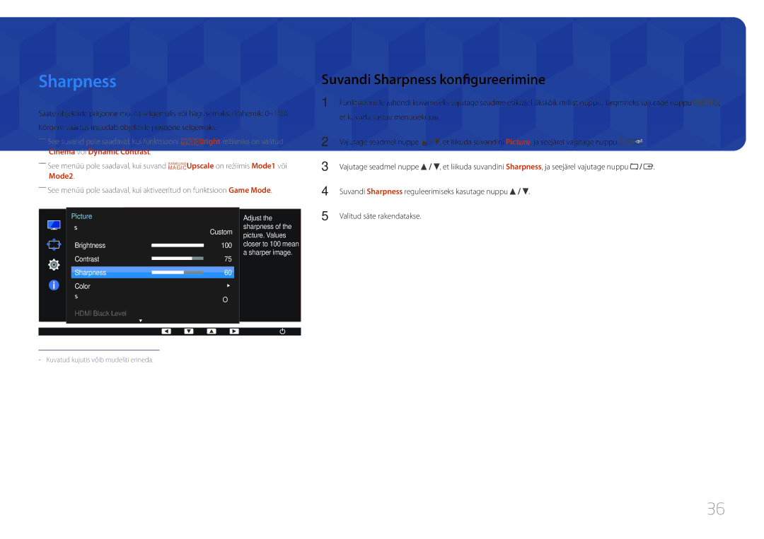Samsung LS24E65KCS/EN, LS27E65KCS/EN, LS24E65UPL/EN, LS22E65UDS/EN manual Suvandi Sharpness konfigureerimine 