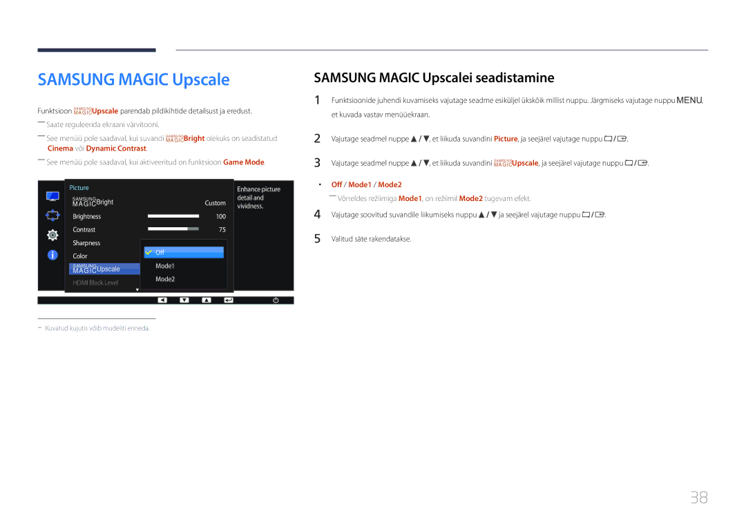 Samsung LS24E65UPL/EN, LS24E65KCS/EN, LS27E65KCS/EN manual Samsung Magic Upscalei seadistamine, Off / Mode1 / Mode2 