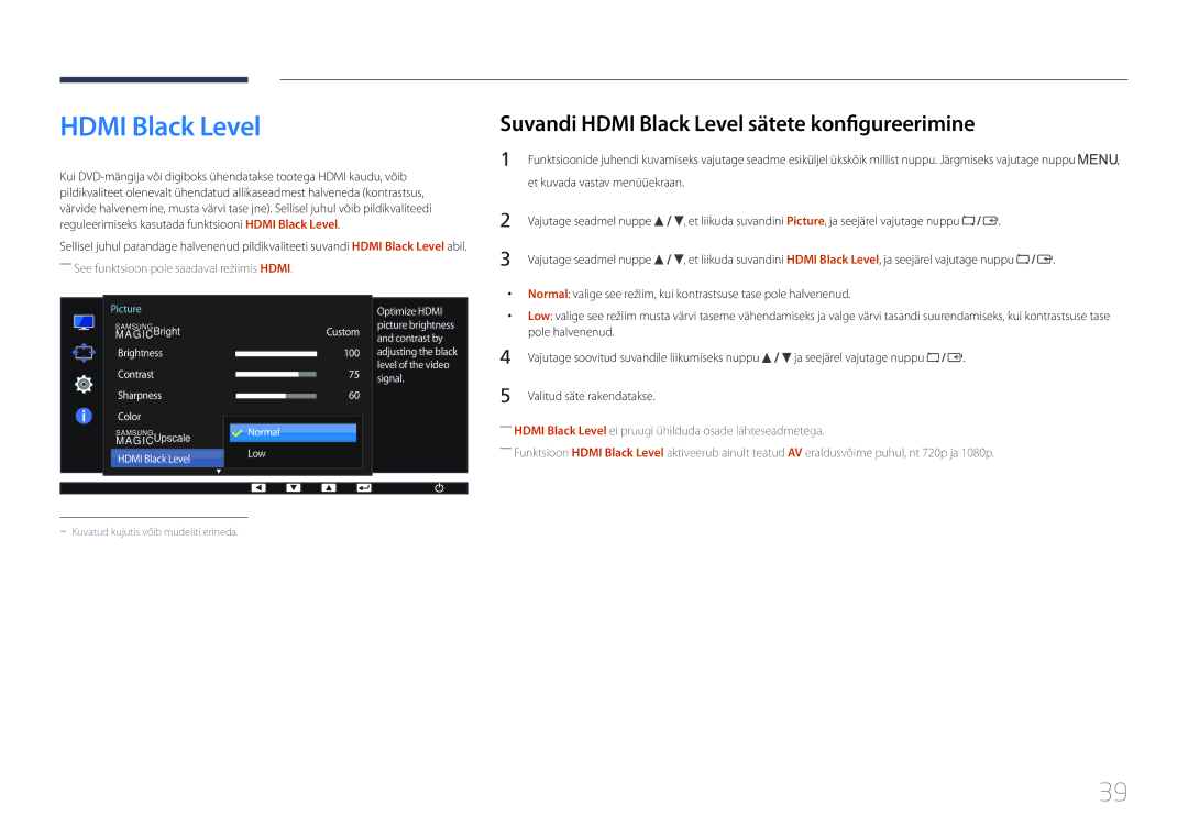 Samsung LS22E65UDS/EN, LS24E65KCS/EN, LS27E65KCS/EN, LS24E65UPL/EN manual Suvandi Hdmi Black Level sätete konfigureerimine 