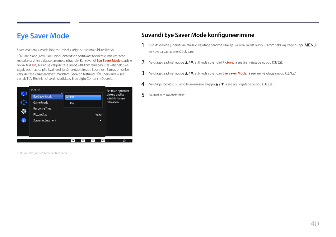 Samsung LS24E65KCS/EN, LS27E65KCS/EN, LS24E65UPL/EN Suvandi Eye Saver Mode konfigureerimine, Ja seejärel vajutage nuppu 