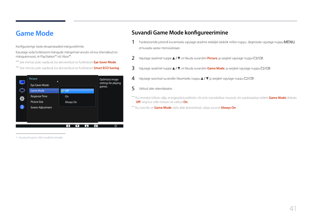 Samsung LS27E65KCS/EN, LS24E65KCS/EN, LS24E65UPL/EN, LS22E65UDS/EN manual Suvandi Game Mode konfigureerimine 