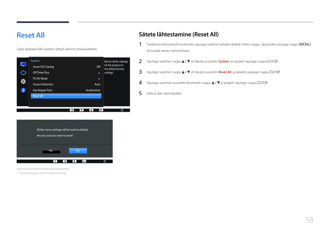 Samsung LS24E65UPL/EN manual Sätete lähtestamine Reset All, Saate taastada kõik seadme sätted vaikimisi tehasesätetele 