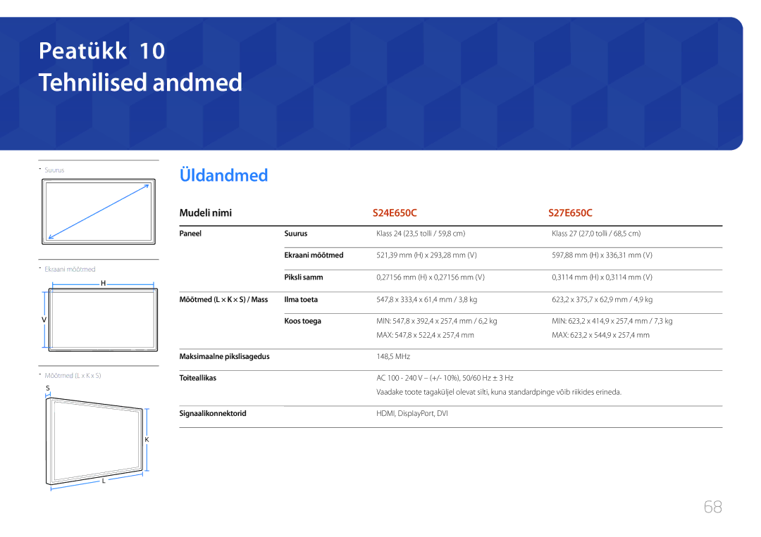 Samsung LS24E65KCS/EN, LS27E65KCS/EN, LS24E65UPL/EN, LS22E65UDS/EN manual Tehnilised andmed, Üldandmed 