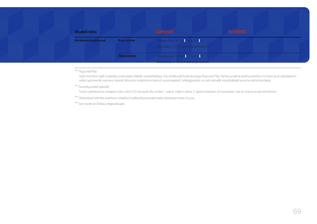 Samsung LS27E65KCS/EN, LS24E65KCS/EN, LS24E65UPL/EN, LS22E65UDS/EN manual Keskkonnatingimused Kasutamine 