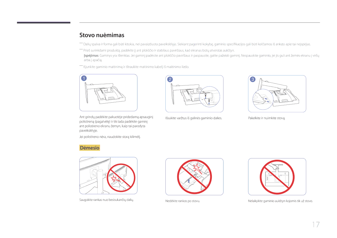 Samsung LS27E65KCS/EN, LS24E65KCS/EN, LS24E65UPL/EN manual Stovo nuėmimas, Išsukite varžtus iš galinės gaminio dalies 