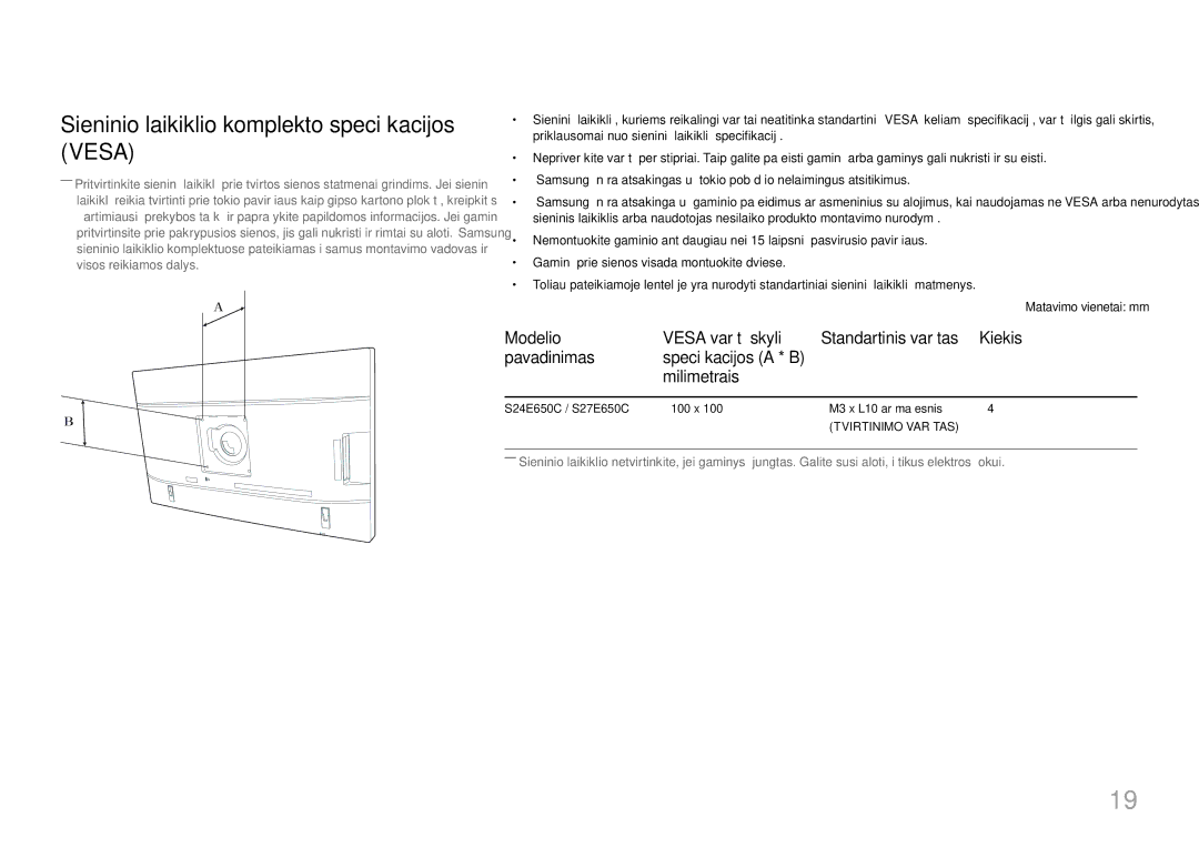 Samsung LS22E65UDS/EN manual Sieninio laikiklio komplekto specifikacijos Vesa, Modelio Vesa varžtų skylių, Pavadinimas 