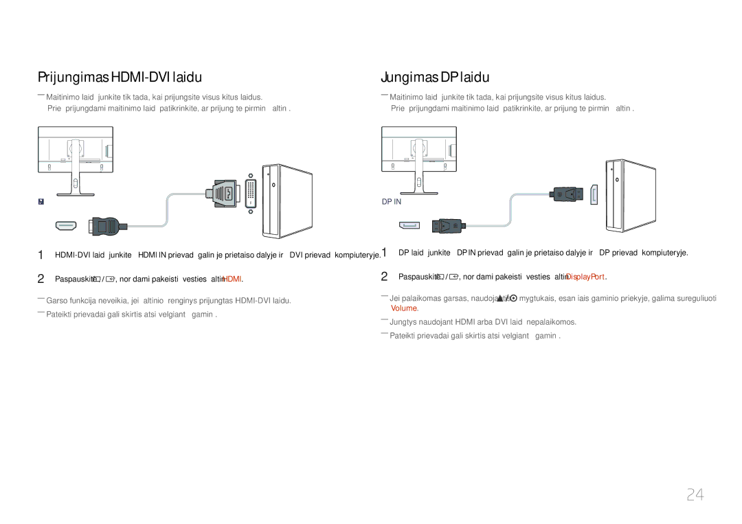 Samsung LS24E65KCS/EN, LS27E65KCS/EN, LS24E65UPL/EN, LS22E65UDS/EN Prijungimas HDMI-DVI laidu, Jungimas DP laidu, Volume 