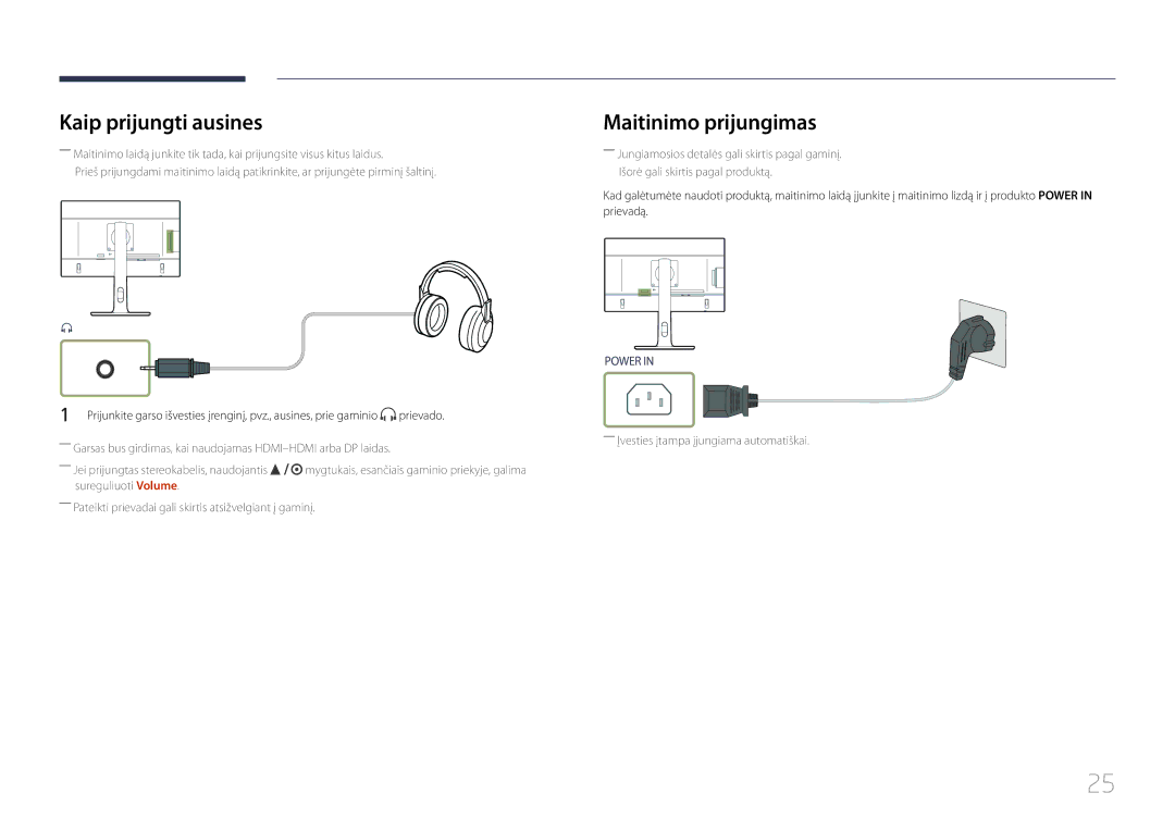 Samsung LS27E65KCS/EN, LS24E65KCS/EN, LS24E65UPL/EN, LS22E65UDS/EN manual Kaip prijungti ausines, Maitinimo prijungimas 